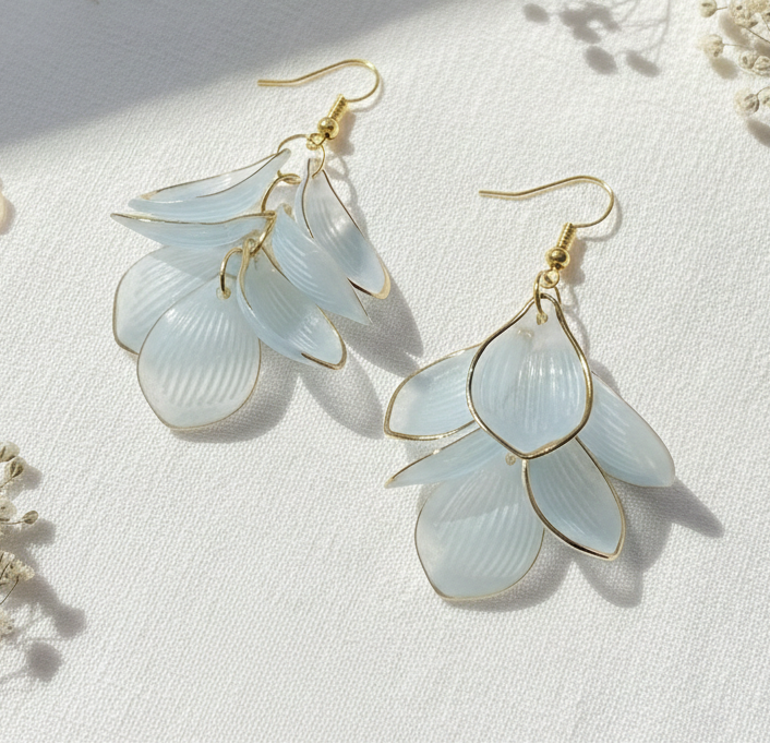 Light blue floral earrings with gold accents on a white background with small flowers.