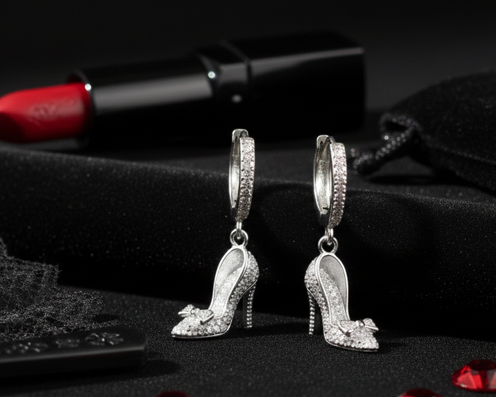 Silver high-heeled shoe earrings with red lipsticks and gemstones on a black background